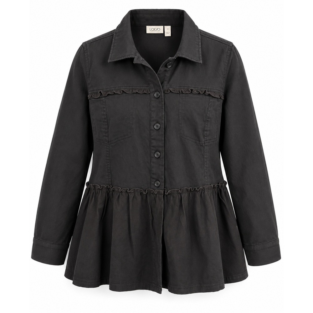 LOGO Lori Goldstein Black Ruffle Peplum Twill Jacket‎ Shacket 3X